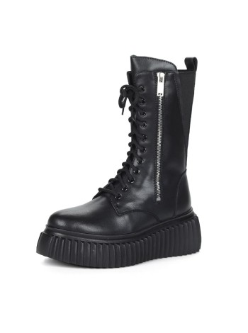 Черные ботинки из кожи на подкладке из натуральной шерсти с рифленой плоской подошвой Respect A-2-409