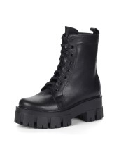 Черные ботинки из кожи на подкладке из натурального меха на шнурках на тракторной подошве